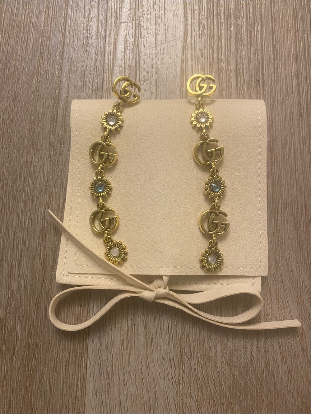 Gold-Tone GG Logo Floral Dangle Earrings with Faux Pearl Accents
